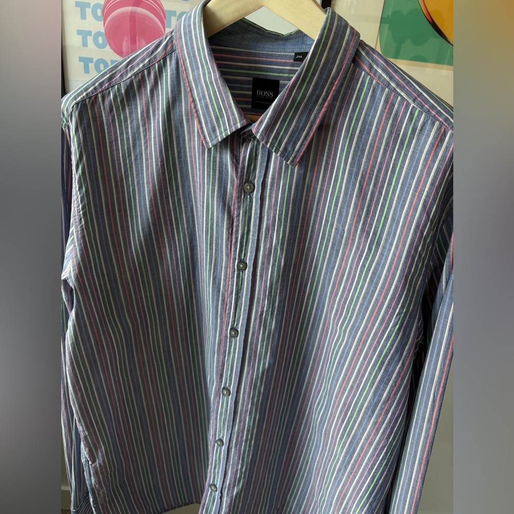 Hugo Boss L/S Button Up Casual Shirt Cotton Blue/Neon Stripe 2XL Regular Fit